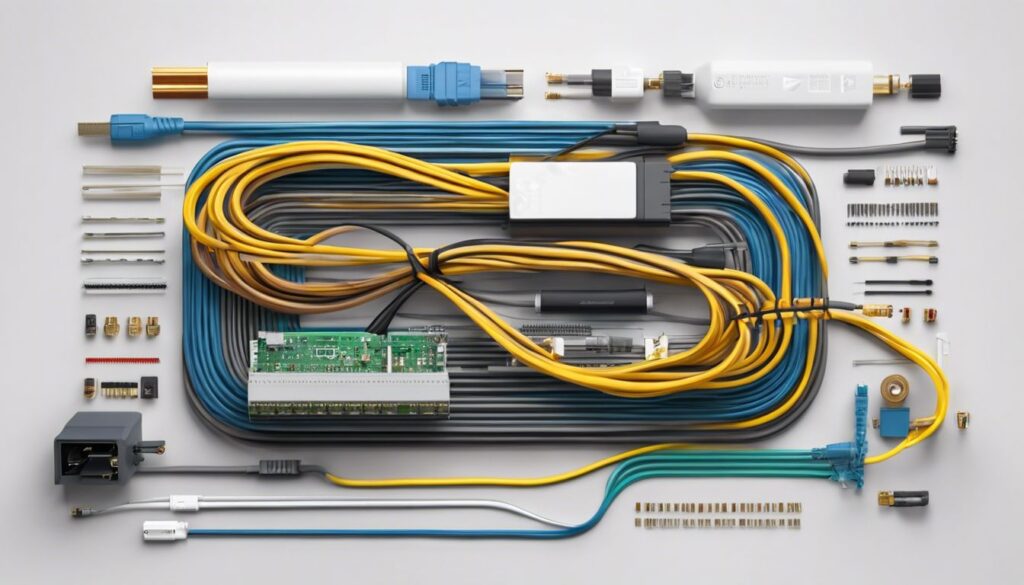 Een verscheidenheid aan elektronische kabels en connectoren, close-up van de details.