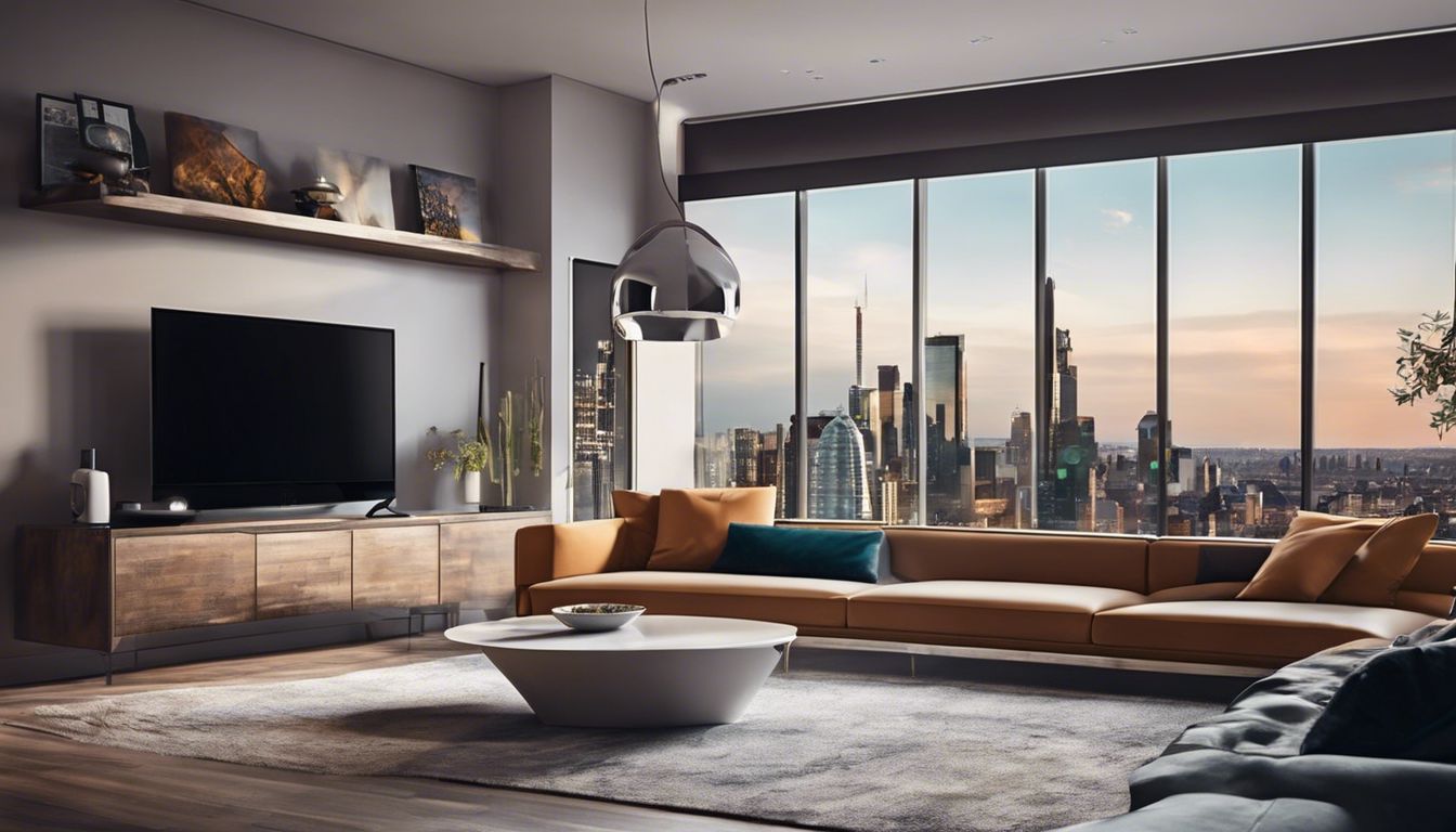 Moderne woonkamer met strakke technologie en stadsgezicht als kunst.