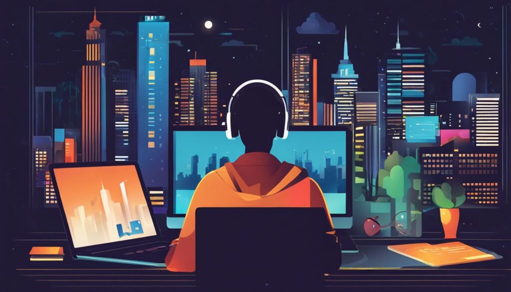 Een open laptop met verschillende volwassen content platforms, omringd door onderzoeksmateriaal en stadsfotografie, zonder mensen.