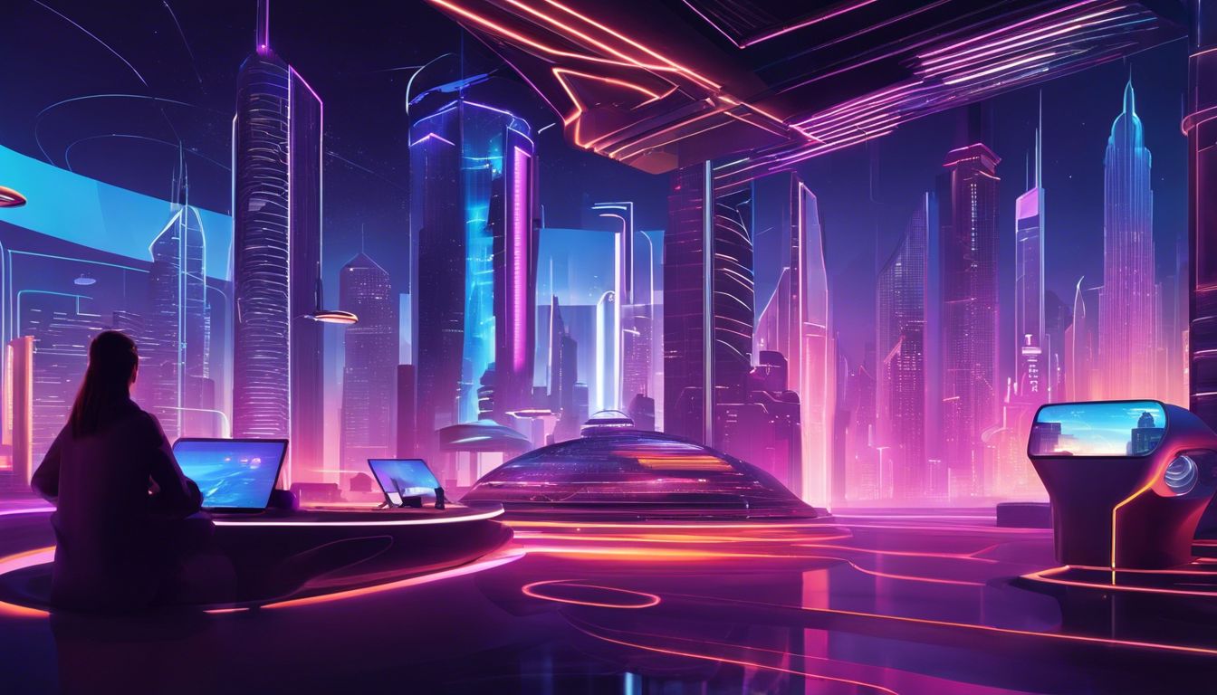 Een futuristische virtuele wereld met ruimtehotel en neonlichten.