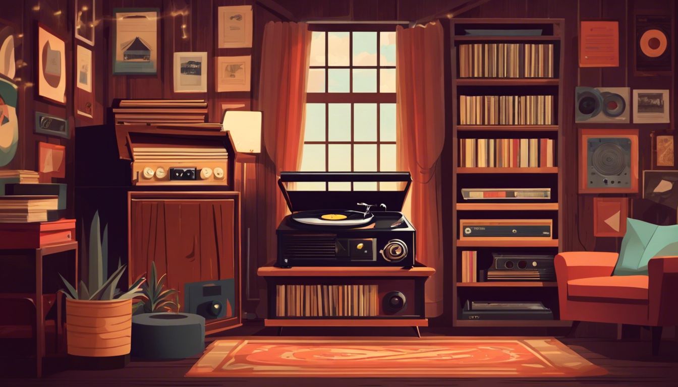 Een ouderwetse platenspeler in een gezellige vintage muziekwinkel met klassieke vinylplaten en retro posters.