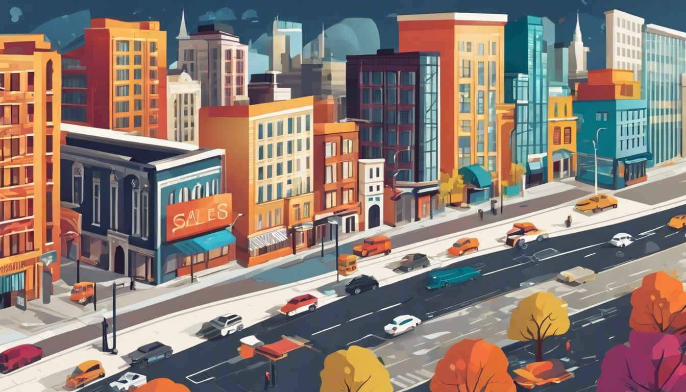 Een gedetailleerde stad kaart in platte design stijl met levendige kleuren en patronen van de architectuur en infrastructuur, met een bruisende straat activiteit.