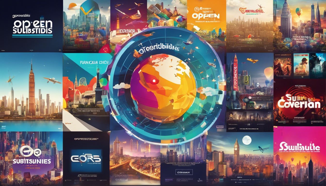 OpenSubtitles logo omringd door internationale filmposters in bruisende stad.