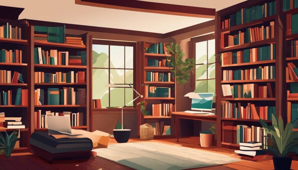 Een stapel open ondertitelbestanden in een gezellige huisbibliotheek met diverse genre boekenkasten.