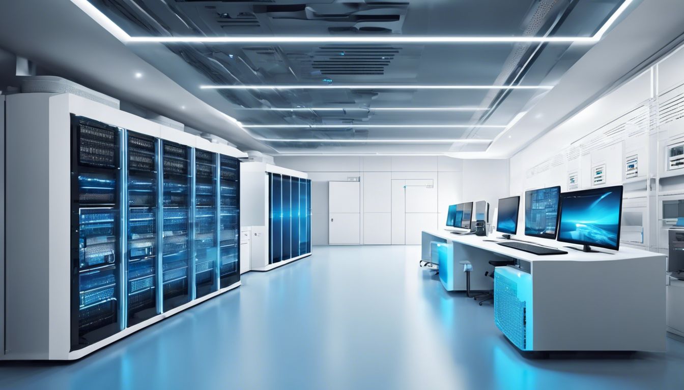 Een moderne, high-tech video server ruimte met strakke apparatuur in een minimalistische omgeving.