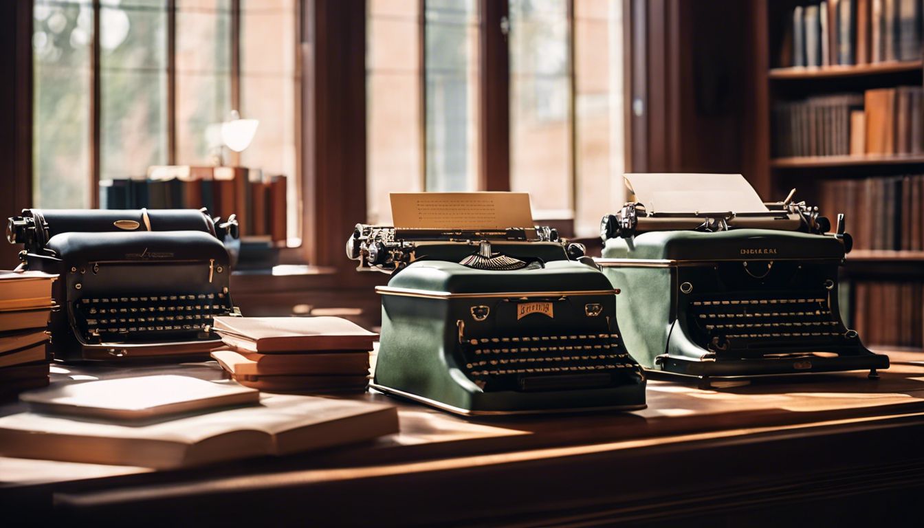 Een verscheidenheid aan moderne en ouderwetse typemachines in een comfortabele bibliotheek.