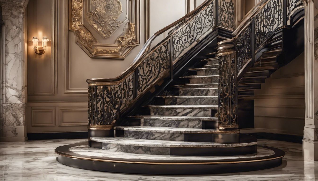 Een gedetailleerd beeld van verschillende trapmaterialen en gereedschappen in een luxe interieur.