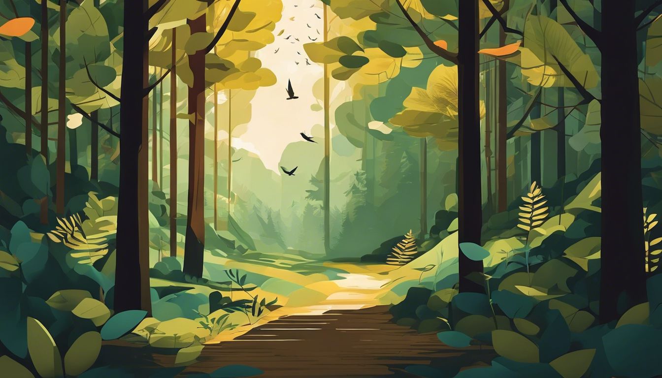 Een vredig bos met zonlicht en vogels, zonder mensen.