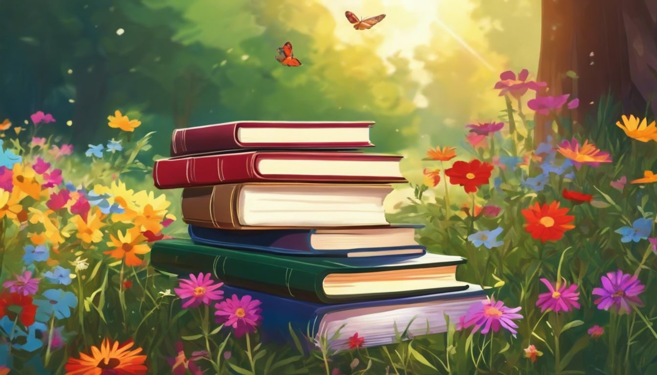 Een stapel oude, geliefde studieboeken tussen wilde bloemen in de zon.