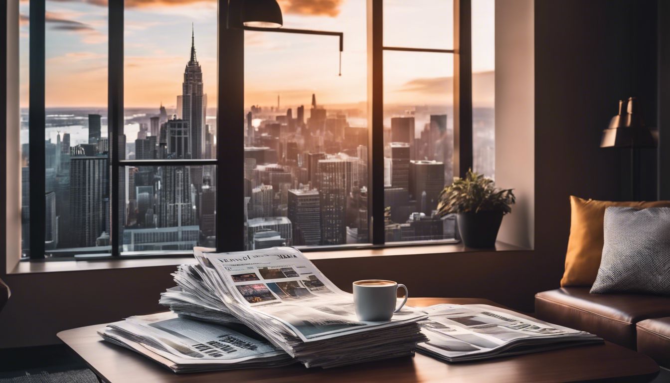 Stapel digitale kranten en tijdschriften op een moderne salontafel.