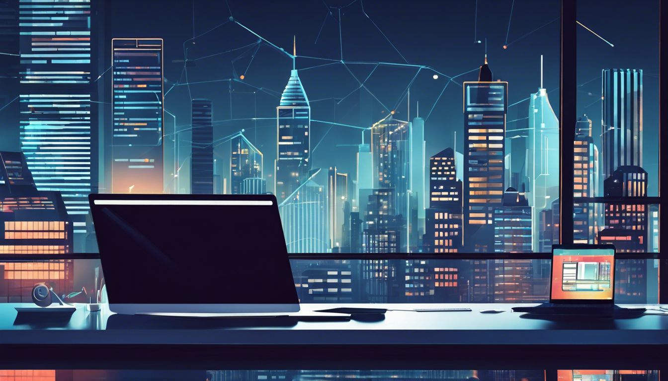 Een open laptop met innovatieve AI-tools en een stedelijke achtergrond.