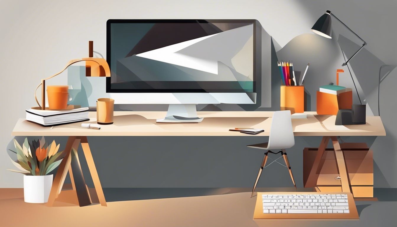 Een verzameling grafische ontwerptools op een strakke, minimalistische bureau.