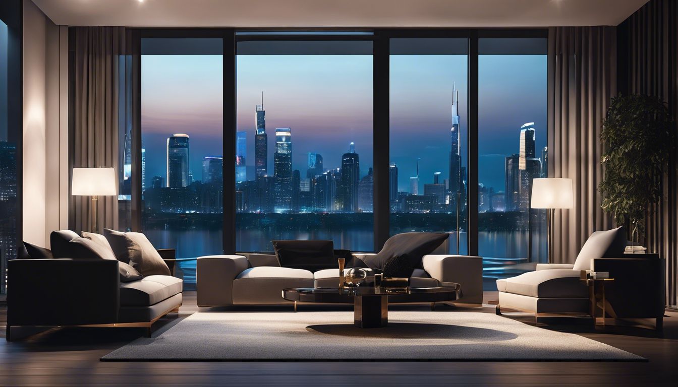 Een luxueus geluidssysteem in een moderne, minimalistische kamer met uitzicht op de stad.