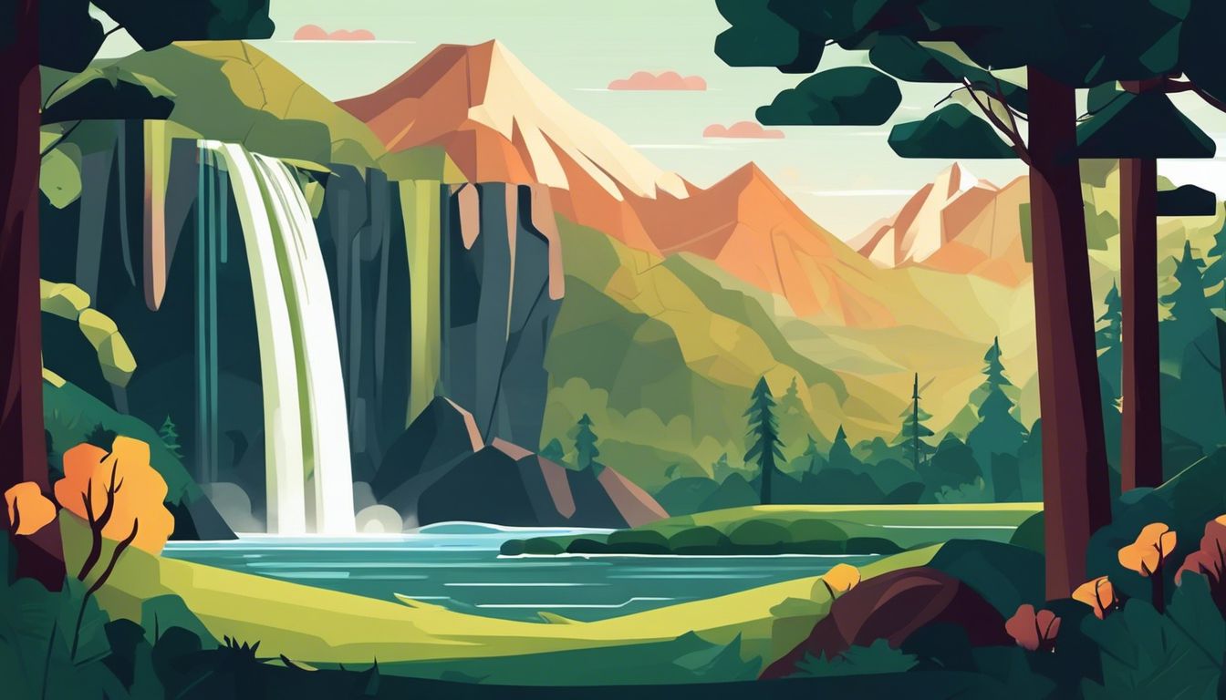 Een prachtig landschap met waterval, bergen en bossen, zonder menselijke aanwezigheid.