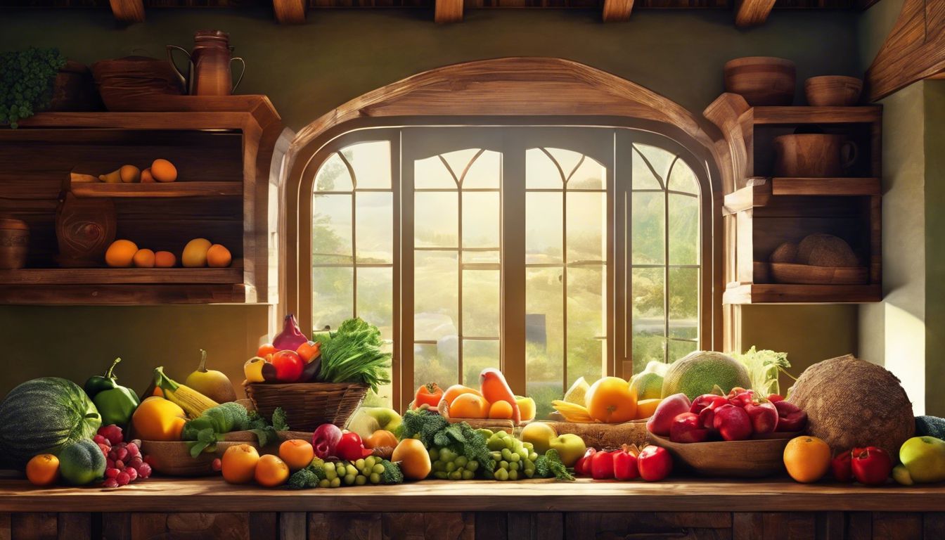 Een verscheidenheid aan verse fruit en groenten in een landelijke keuken.