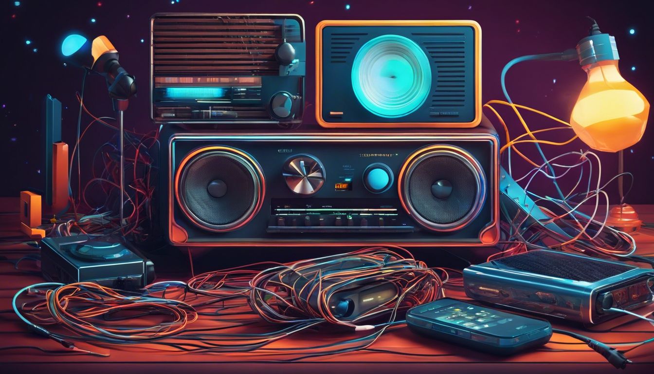 Een digitale radio-tuner omgeven door kabels en elektronische accessoires.