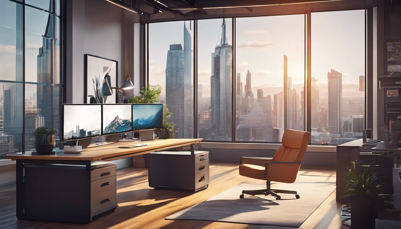 Moderne kantooromgeving met samenwerkingshulpmiddelen en stadsfotografie.