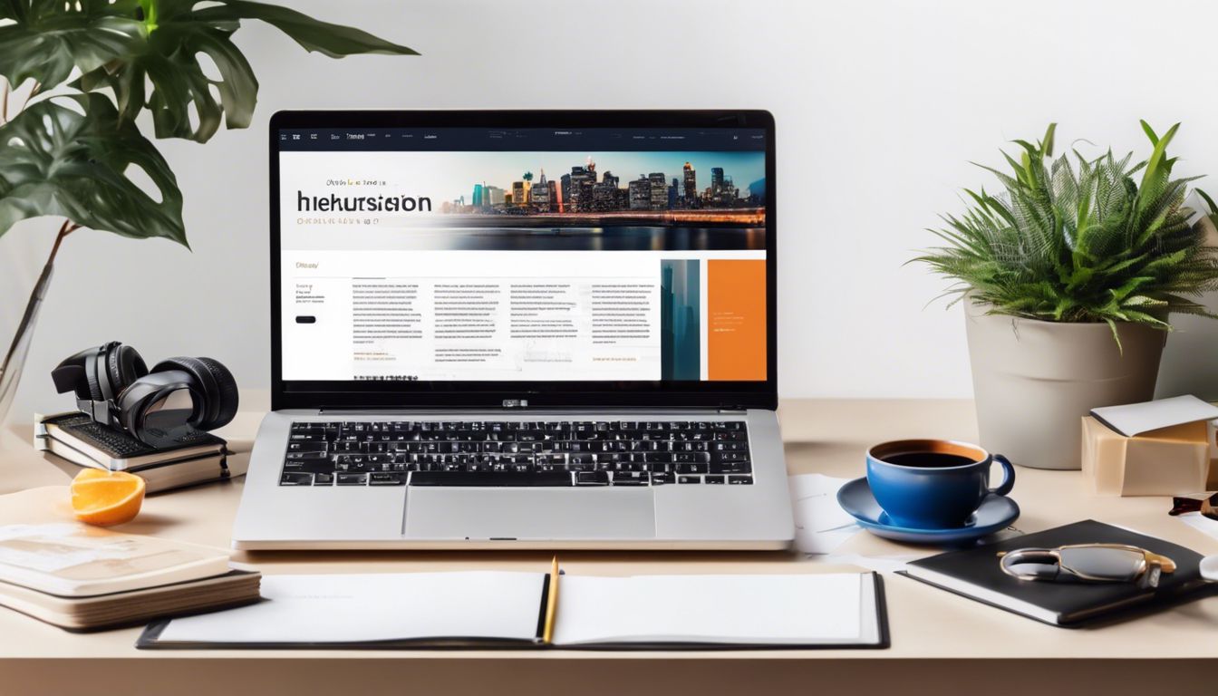 Een netjes georganiseerd bureau met een laptop, webdesign boeken en stadsfotografie.