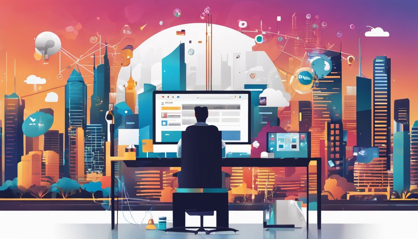 Een moderne desktop computer met web iconen en stadsfotografie.