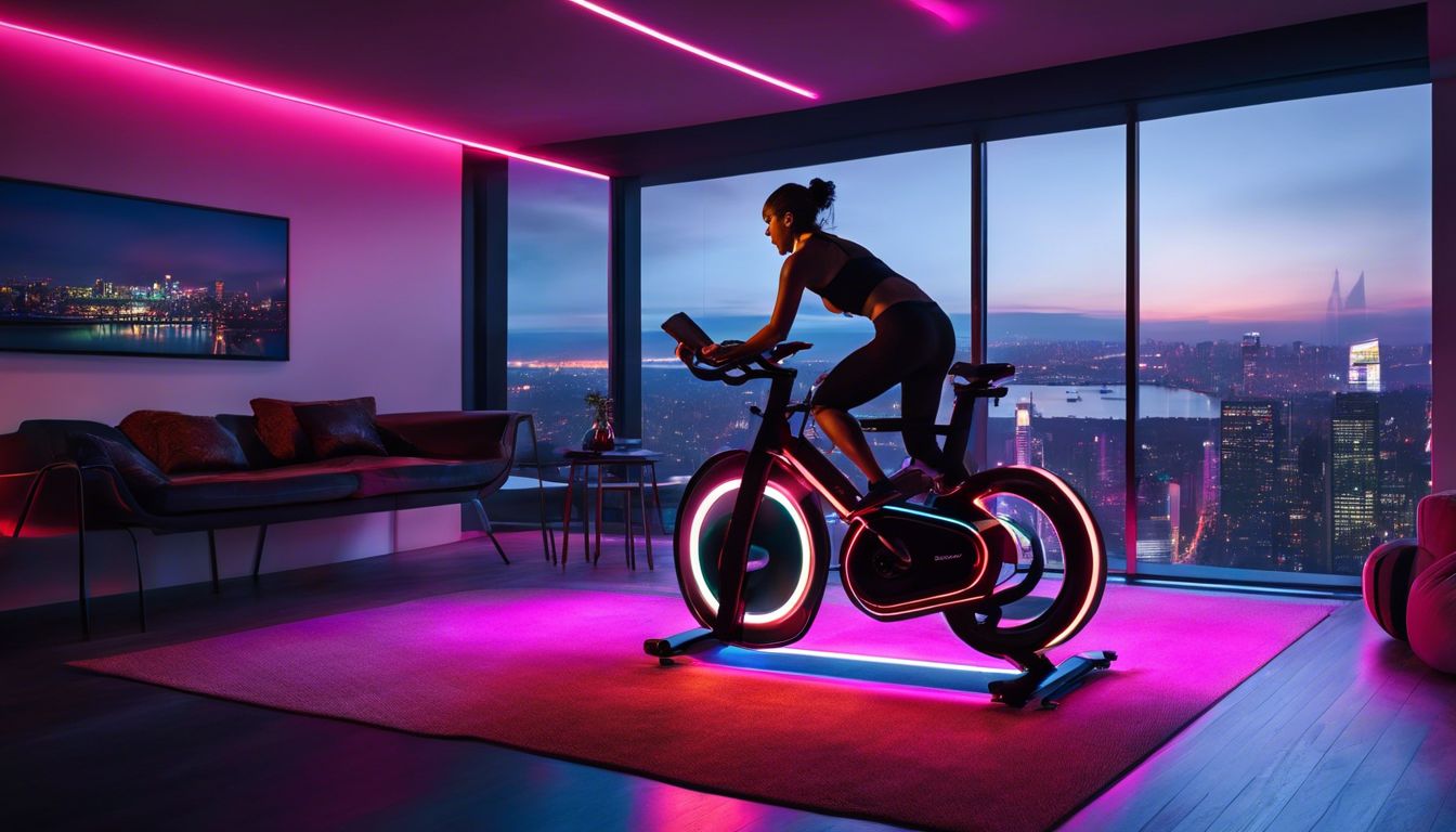 Een high-tech indoor fietsopstelling in een modern woonkamerinterieur. Een high-tech indoor fietsopstelling in een modern woonkamerinterieur.