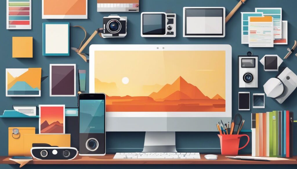 Een georganiseerd bureaublad met foto-bewerkingssoftware en professionele camera's.