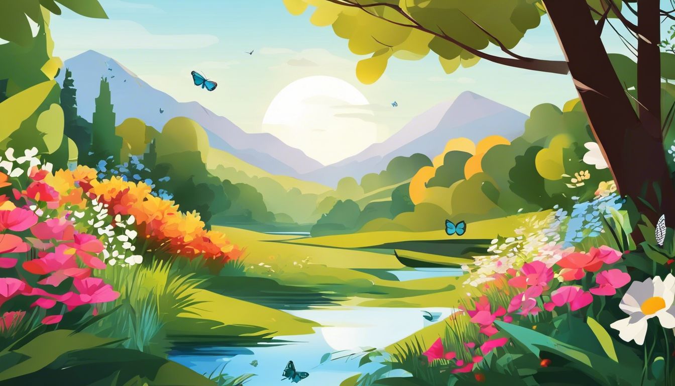 Een schilderachtig landschap vol bloemen, groen en vlinders, belichaamt de rust en harmonie in de natuur.