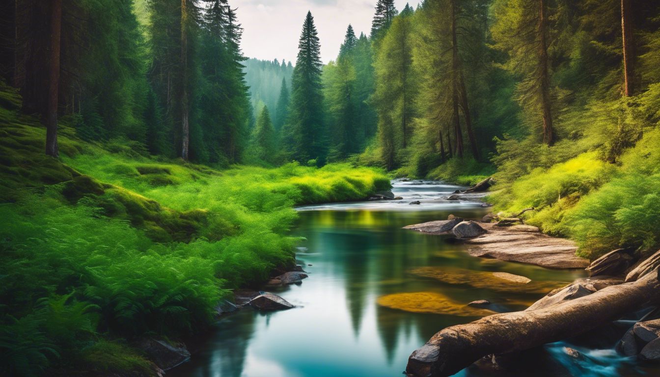 Een prachtig bewerkte landschapsfoto van een weelderig bos met een heldere stroom.