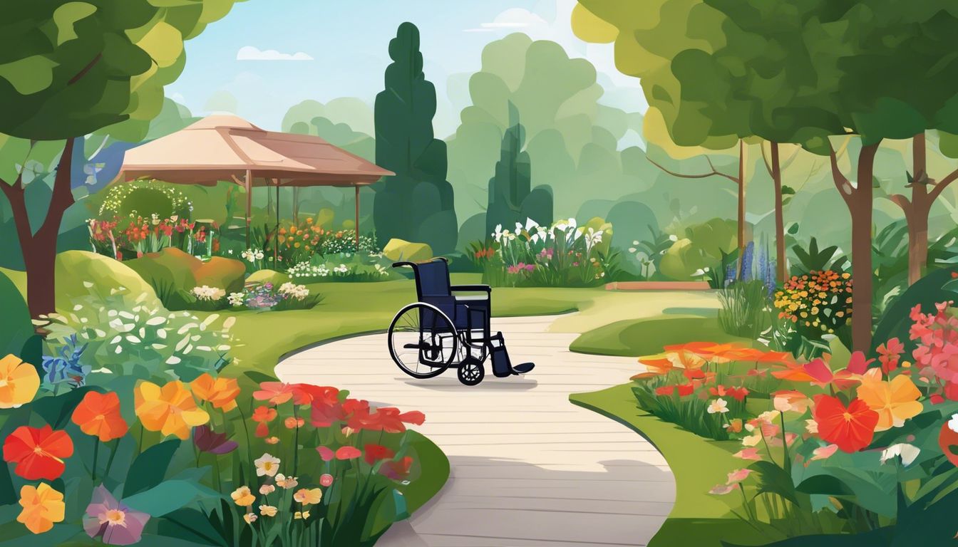 Een vredige tuin met rolstoel-toegankelijke paden en aangepaste tuingereedschap, omgeven door weelderige groen en levendige bloemen.