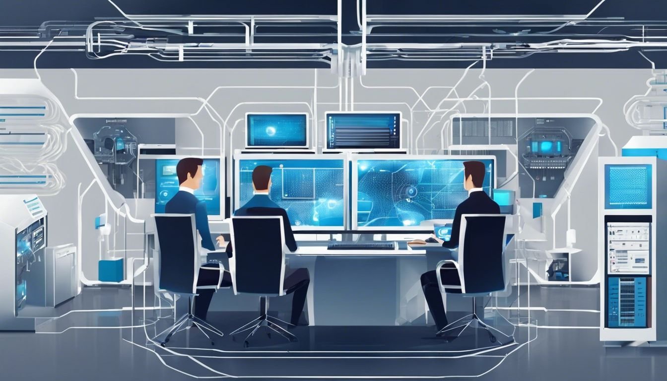 Een georganiseerde set kabels en netwerkapparaten in een futuristische omgeving.