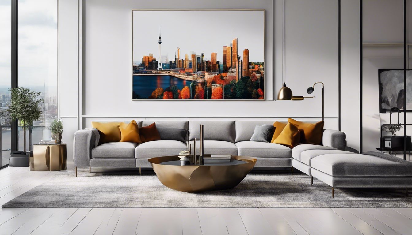 Een moderne woonkamer met chique meubels en stijlvolle kunstwerken aan de muur.