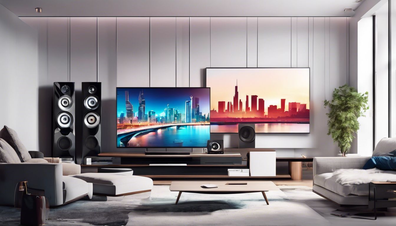 Een modern home entertainment systeem met multiroom speakers en smart home gadgets.
