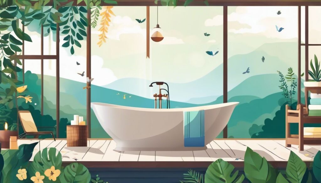 Betaalbare badproducten in een natuurlijke omgeving met flora en fauna.