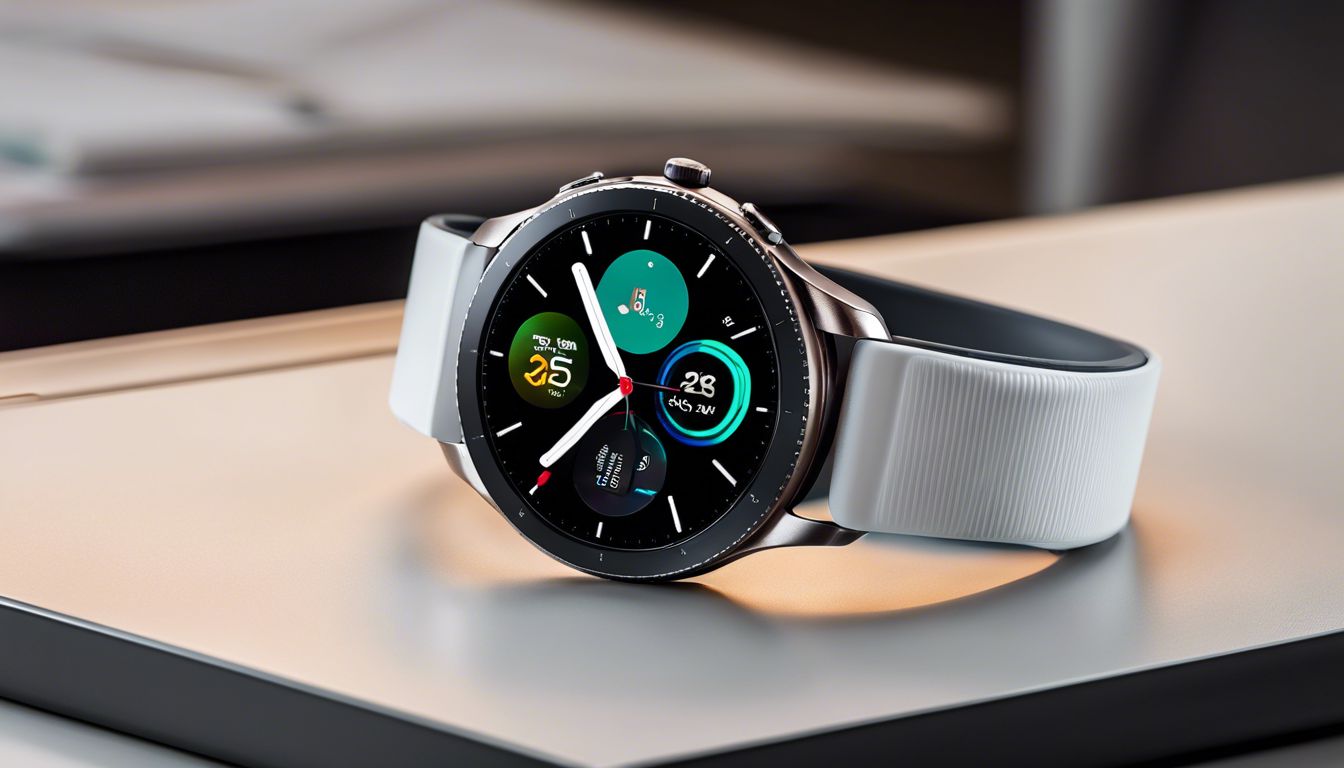 Een minimalistisch bureau met een Samsung Galaxy Watch 4 en NFC-apparaat.