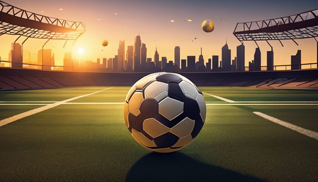 Een voetbal in een leeg stadion bij zonsondergang, met de stad op de achtergrond.