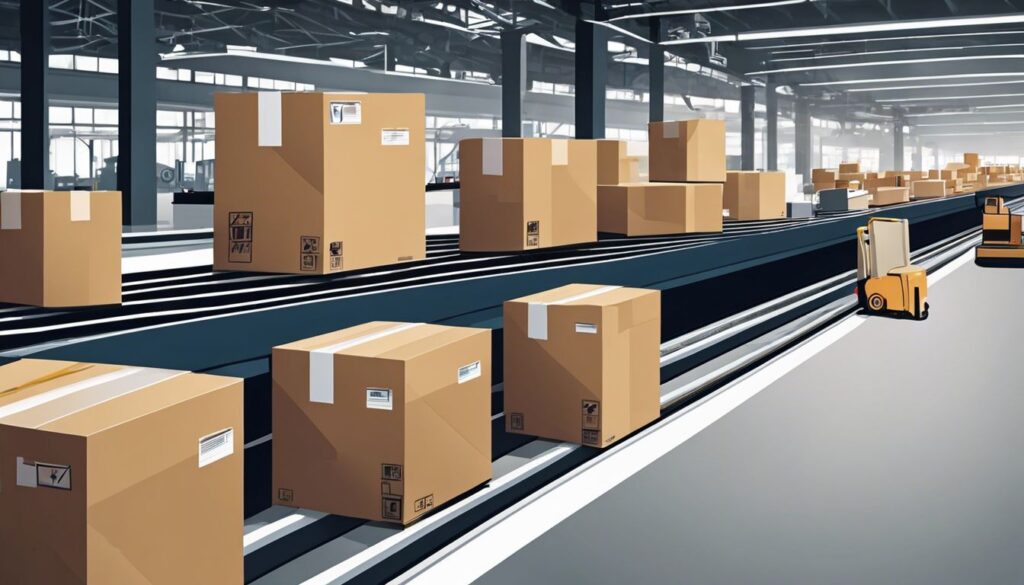 Een stapel pakketten op een bewegende transportband in een druk magazijn.