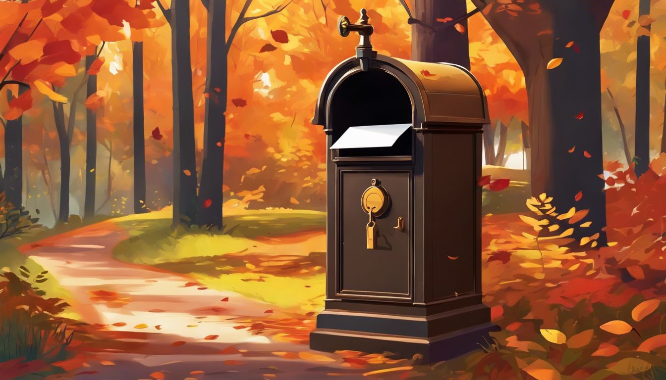 Een beveiligde, privé brievenbus omringd door herfstkleuren in het bos.