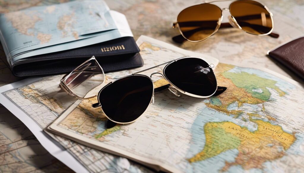 Reisbenodigdheden zoals paspoort, kaart en zonnebril op tafel.