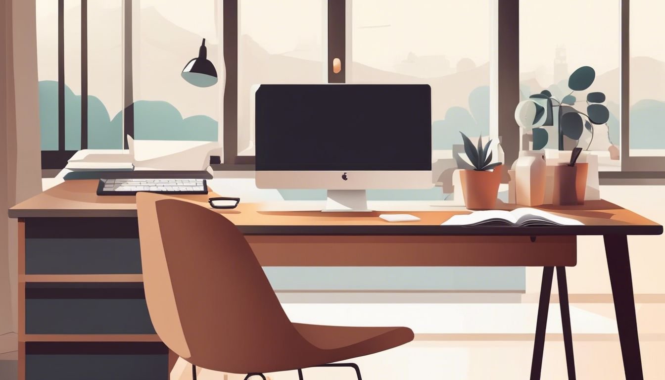 Een opgeruimd bureau met computer, notitieboeken en koffiekopje in ochtendlicht.