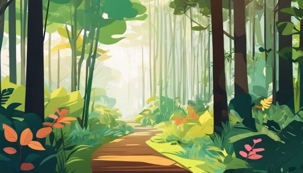 Een kronkelend bospad met weelderige flora en fauna, cre&euml;ert een serene sfeer.