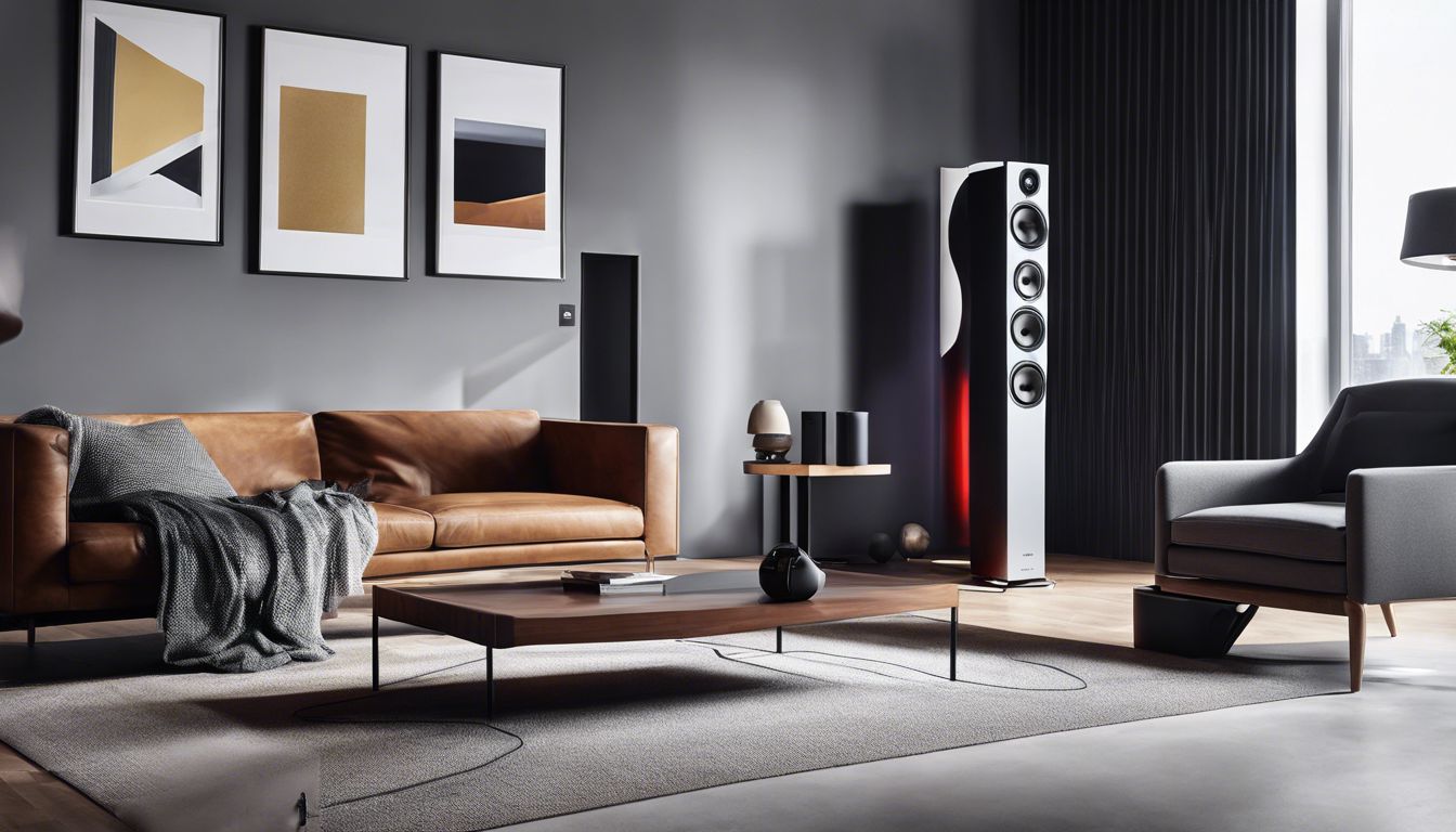 Moderne woonkamer met Teufel Ultima 25 actieve speakers in flat design stijl.'