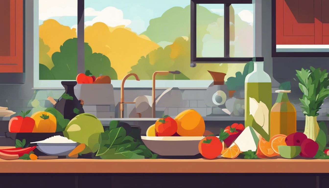 Een divers assortiment verse en kleurrijke ingrediënten op een keukenblad.