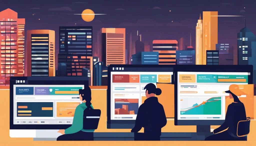 Een vergelijking van verschillende ticketuitwisselingswebsites op een computerscherm met stadsgezichtfotografie.