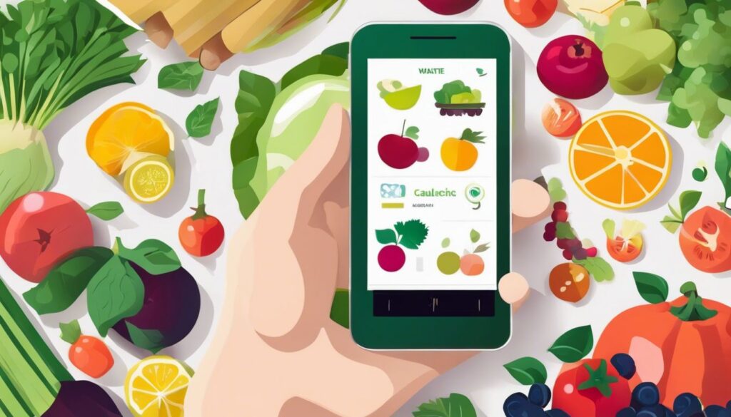 Een smartphone met apps voor het verminderen van voedselverspilling, omringd door verse producten en natuurfoto's.