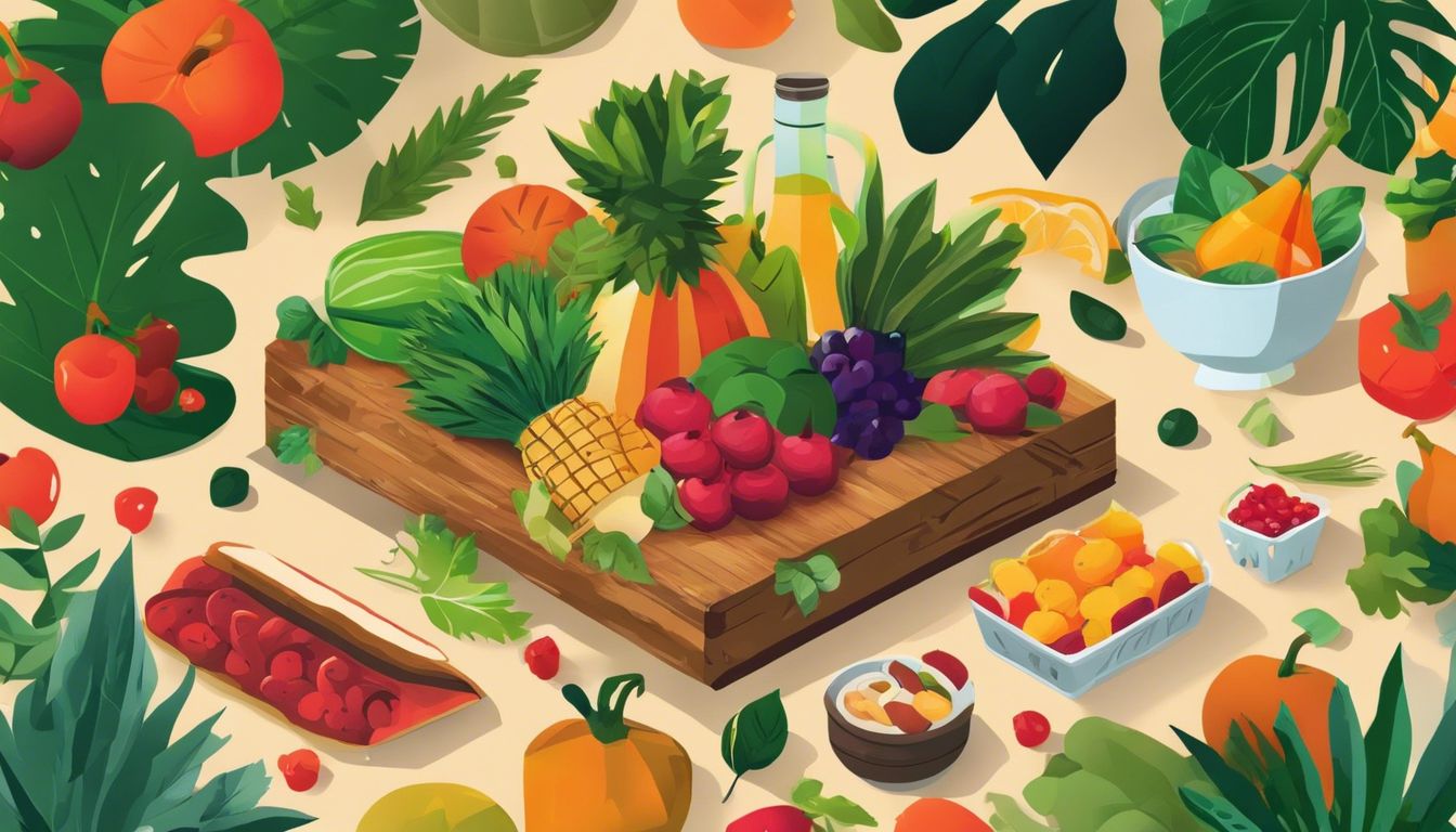 Een stapel opgeslagen voedsel omringd door groen, met levendige kleuren.