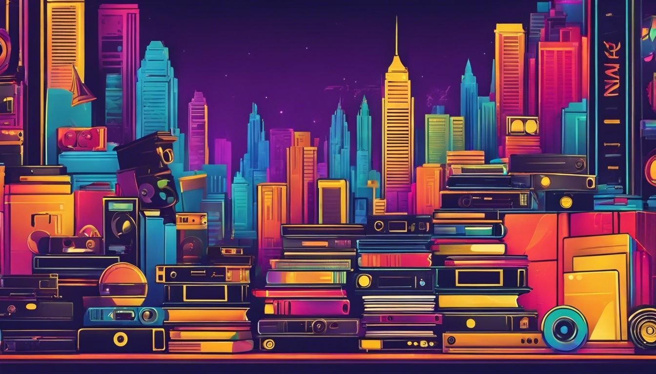 Een stapel DVD-hoezen omringd door filmdecoraties in een stad.