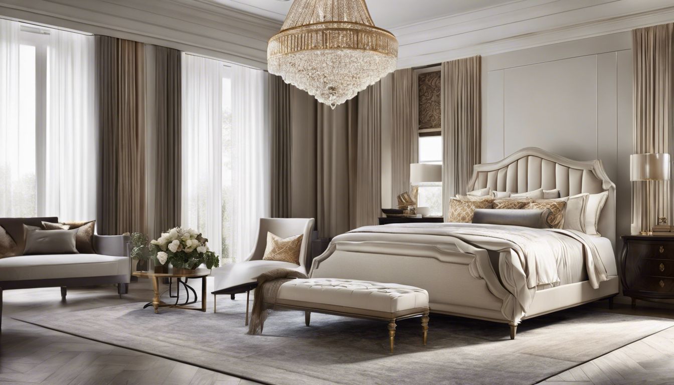 Een luxueuze slaapkamer met zijden lakens en elegante gordijnen.
