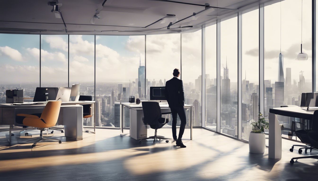 Top 5 woordalternatieven in een moderne kantooromgeving met stadsgezichtfotografie.