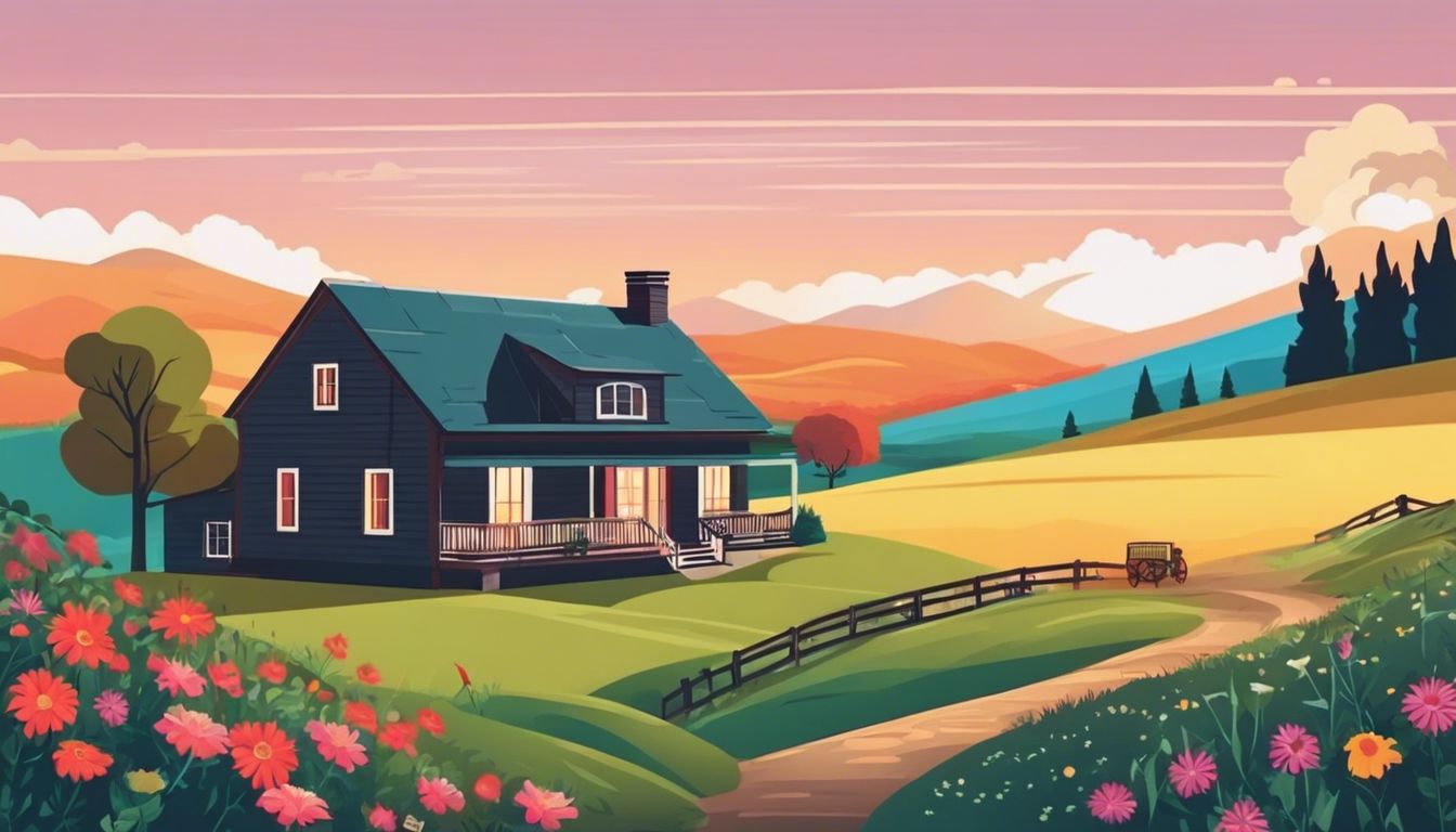Een schilderachtig oud huis op het platteland, omringd door heuvels en wildbloemen.
