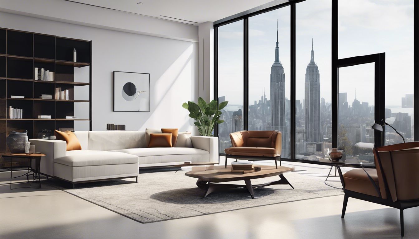 Stijlvolle moderne meubels in strakke showroom met uitzicht op stad.