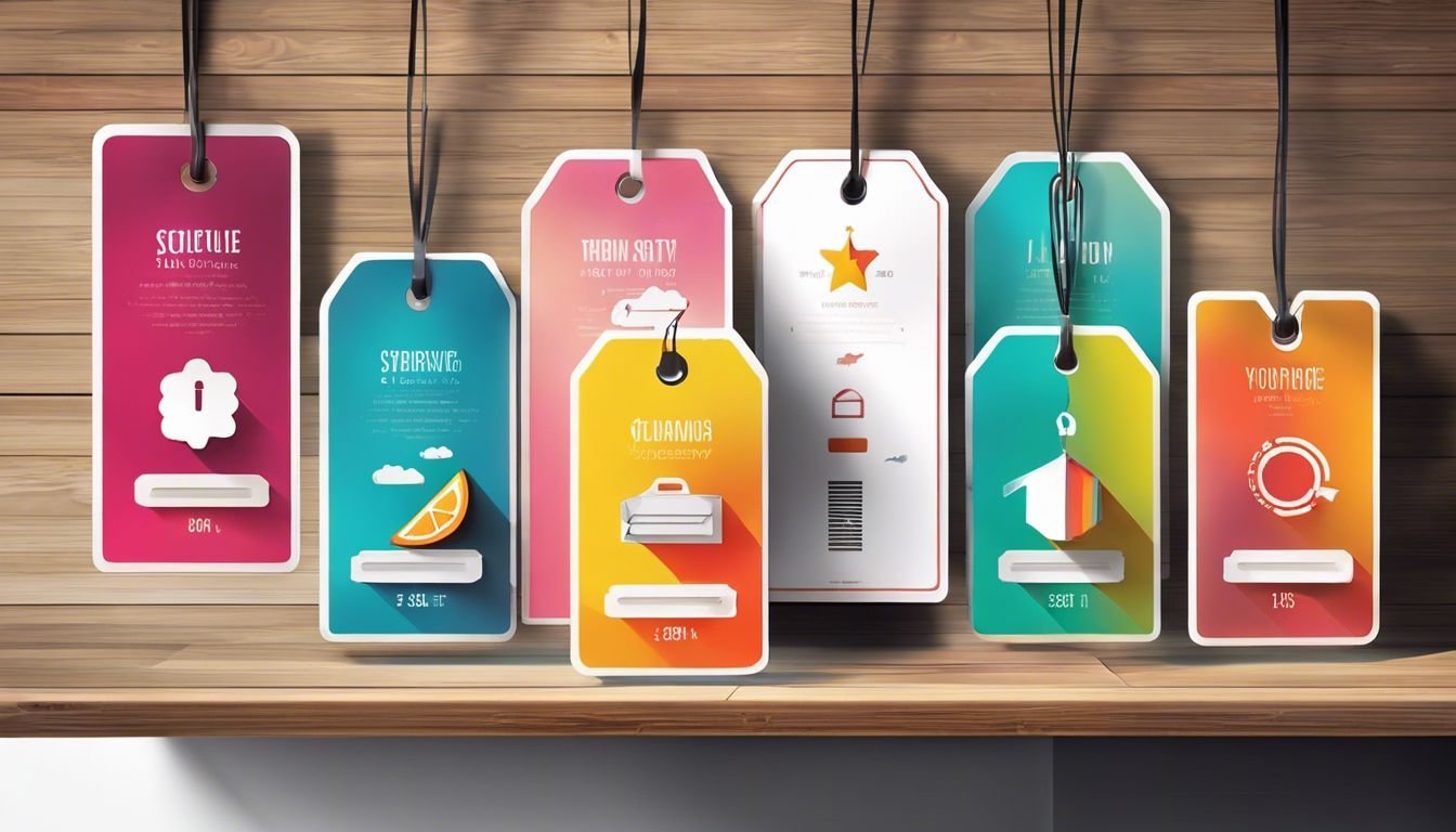 Goedkope slimme labels in verschillende kleurrijke ontwerpen op houten tafel.